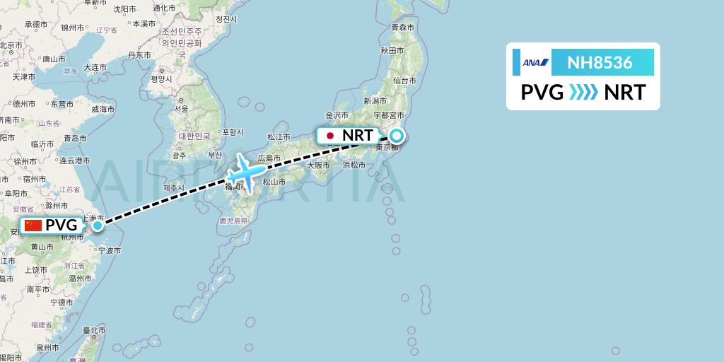 NH8536 All Nippon Airways Flight Map: Shanghai to Tokyo