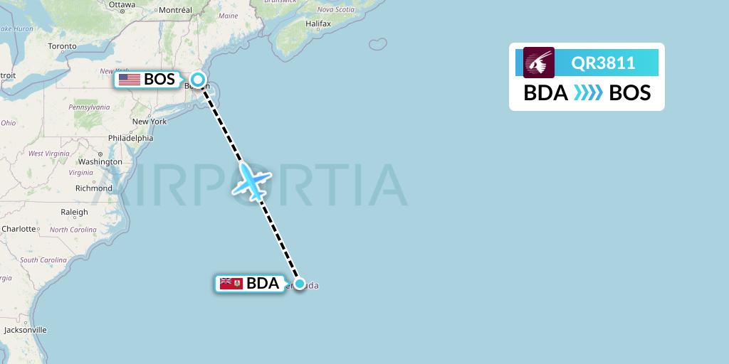 QR3811 Qatar Airways Flight Map: Bermuda to Boston
