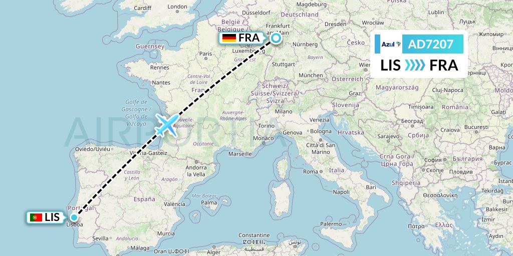 AD7207 Azul Brazilian Airlines Flight Map: Lisbon to Frankfurt