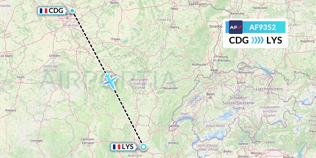 AF9352 Air France Flight Map: Paris to Lyon