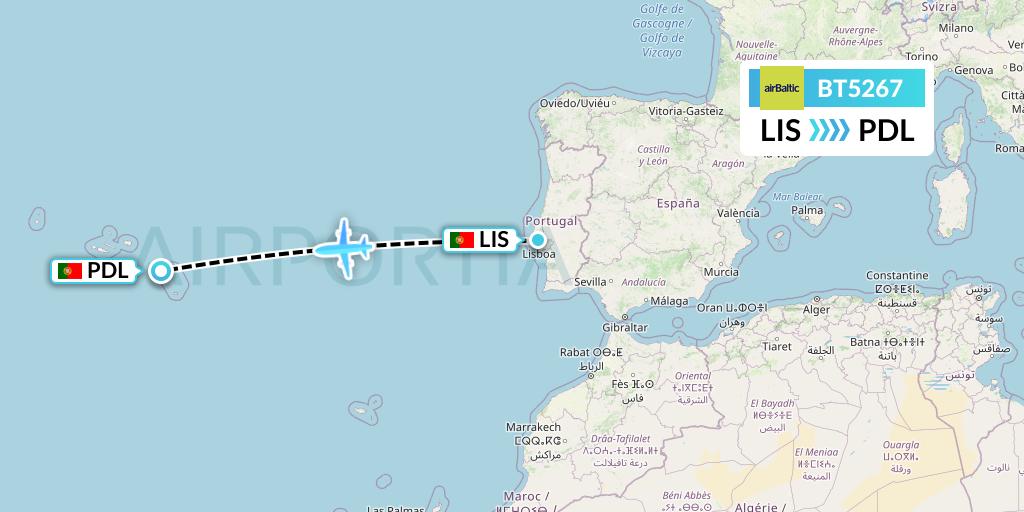 BT5267 Air Baltic Flight Map: Lisbon to Ponta Delgada
