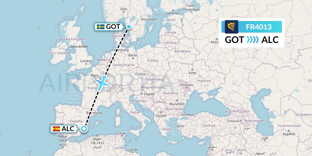 FR4013 Ryanair Flight Map: Gothenburg to Alicante