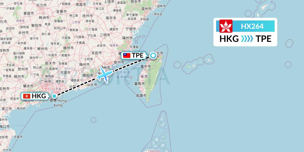 HX264 Hong Kong Airlines Flight Map: Hong Kong to Taipei