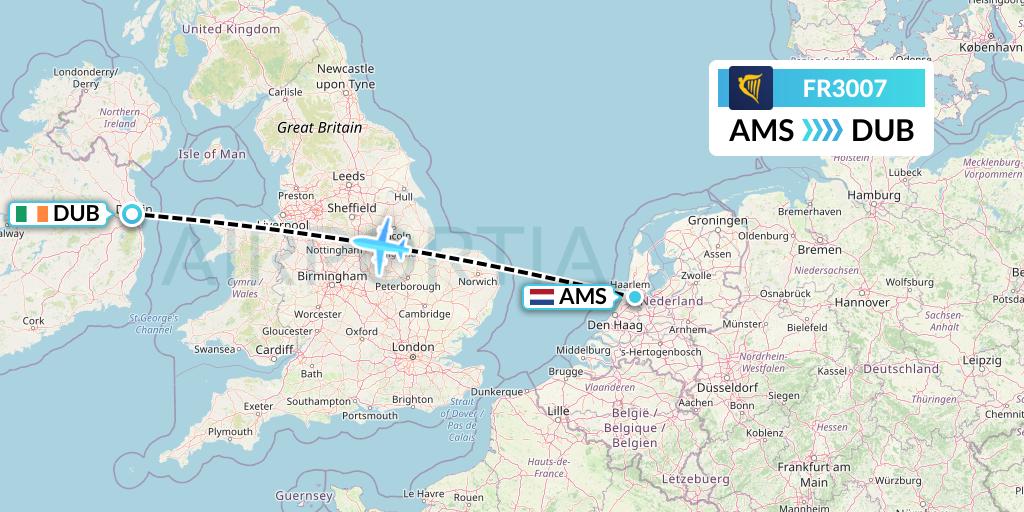 FR3007 Ryanair Flight Map: Amsterdam to Dublin