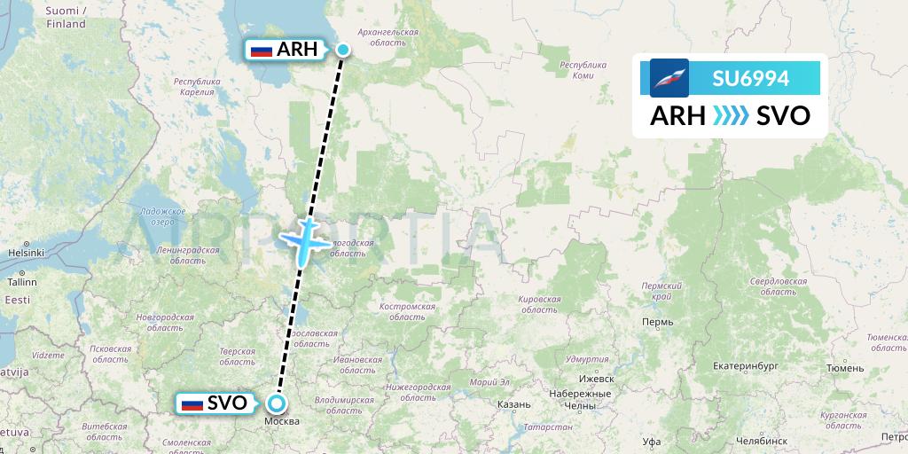 SU6994 Aeroflot Flight Map: Arkhangelsk to Moscow