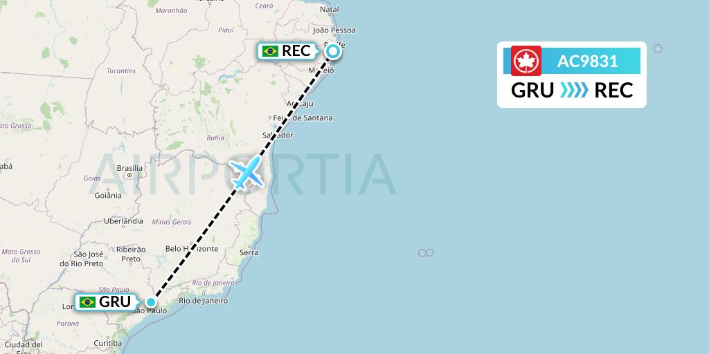 AC9831 Air Canada Flight Map: Sao Paulo to Recife