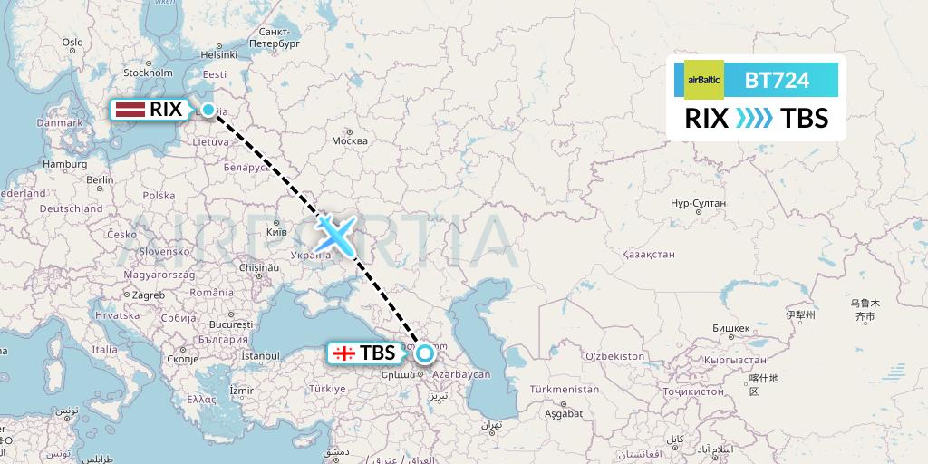 BT724 Air Baltic Flight Map: Riga to Tbilisi