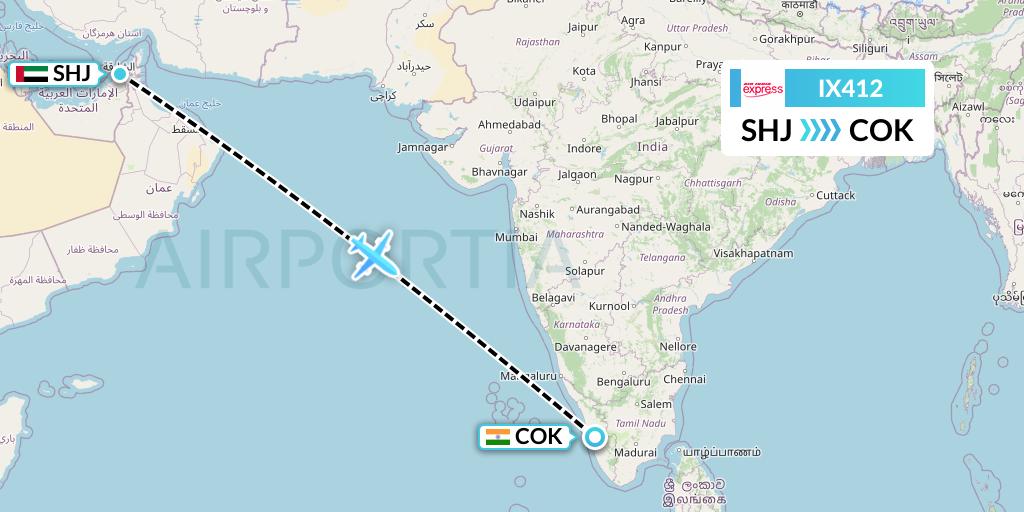 IX412 Air India Express Flight Map: Sharjah to Cochin