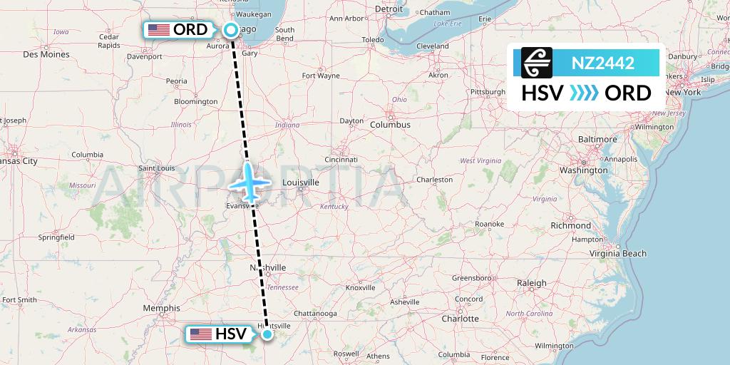 NZ2442 Air New Zealand Flight Map: Huntsville to Chicago