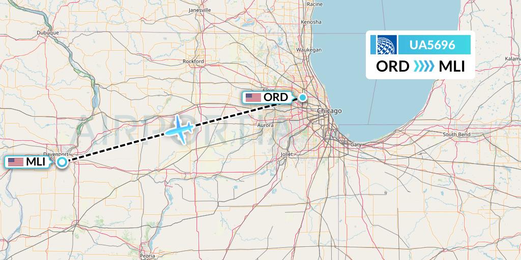 UA5696 United Airlines Flight Map: Chicago to Moline