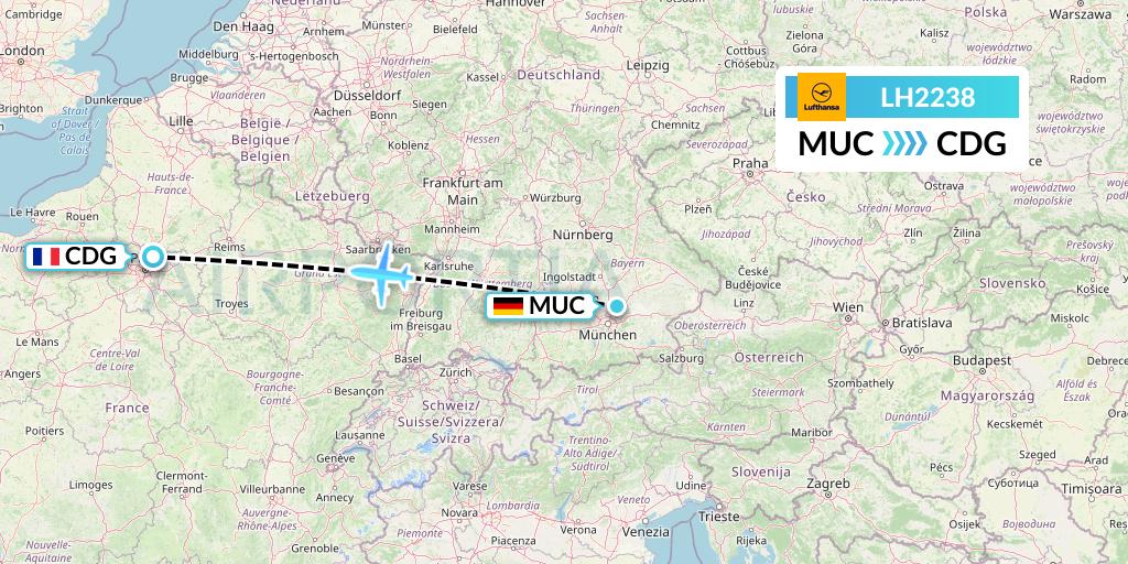 LH2238 Lufthansa Flight Map: Munich to Paris