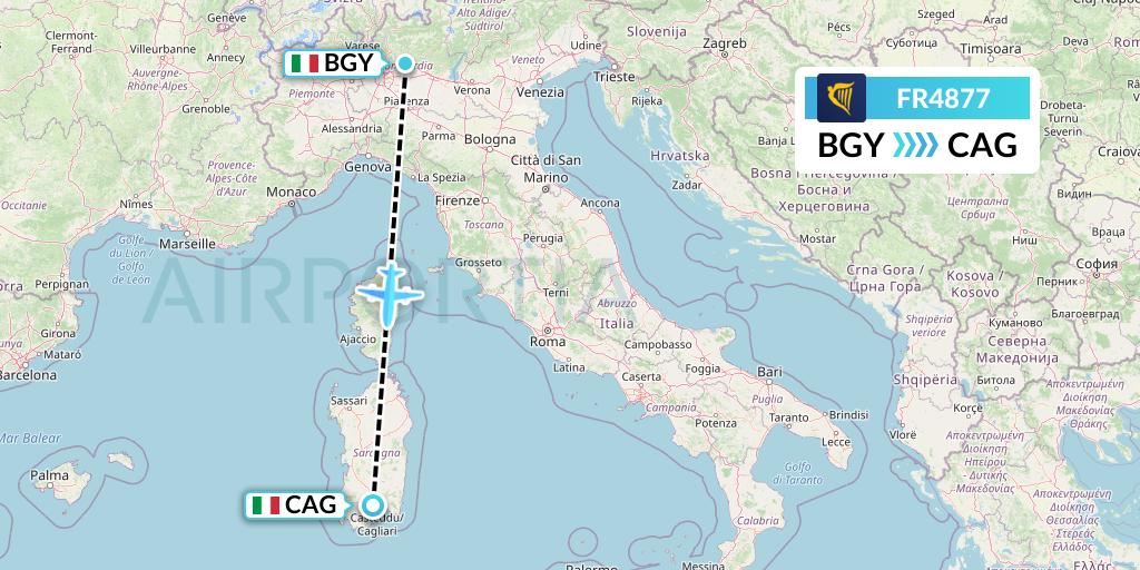 FR4877 Ryanair Flight Map: Milan to Cagliari