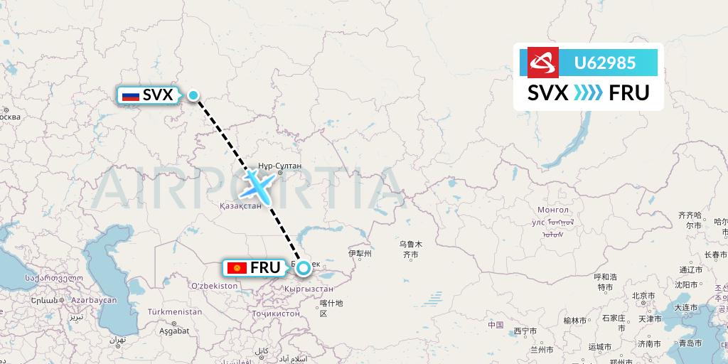 U62985 Ural Airlines Flight Map: Yekaterinburg to Bishkek