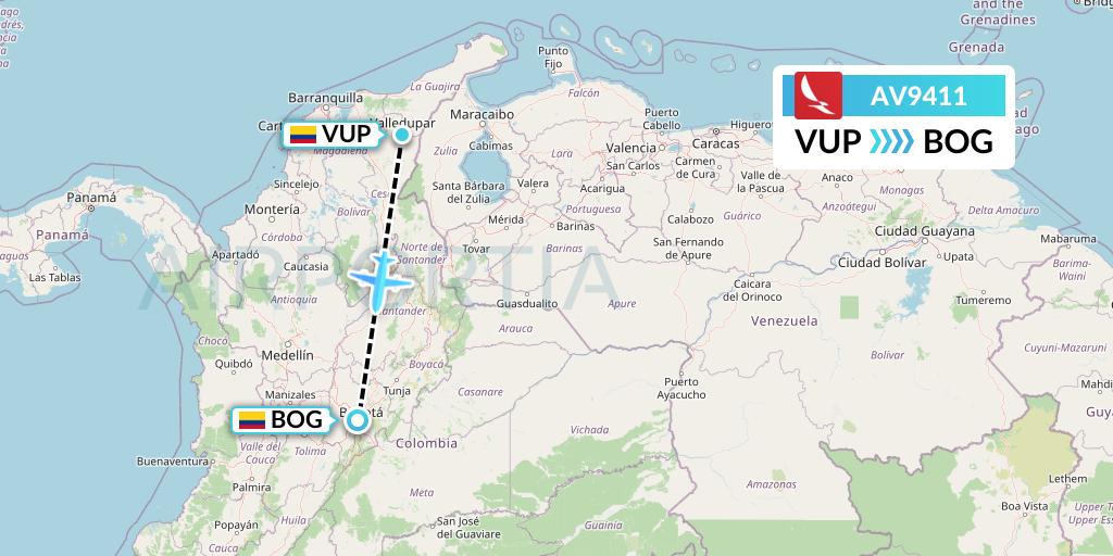 AV9411 Avianca Flight Map: Valledupar to Bogota