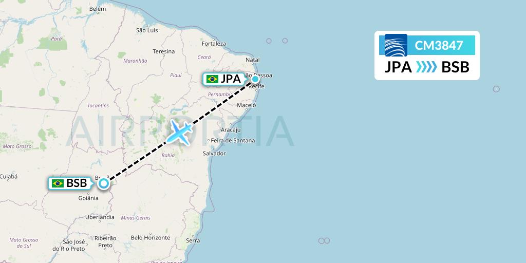 CM3847 Copa Airlines Flight Map: Joao Pessoa to Brasilia