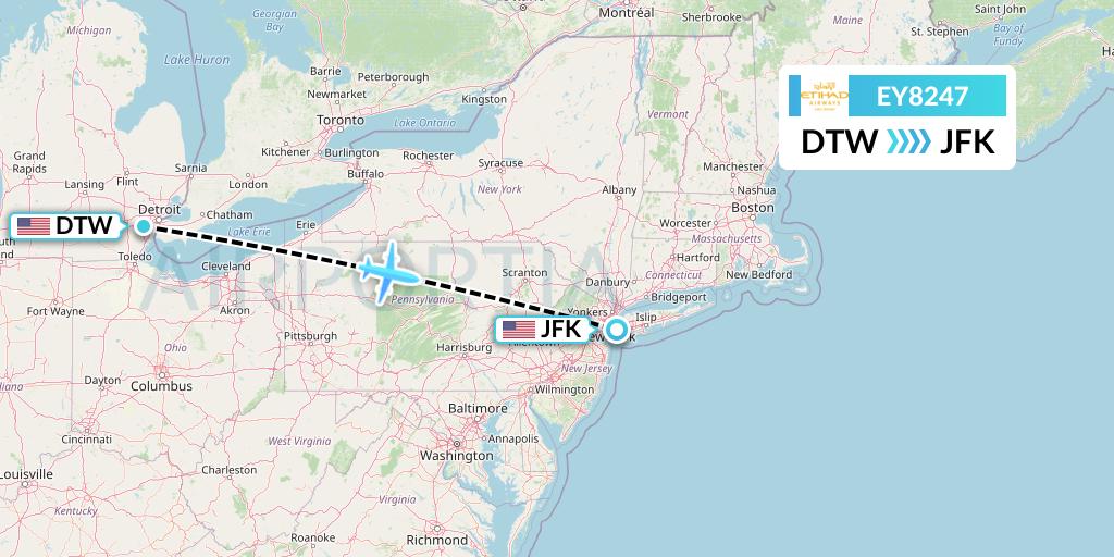 EY8247 Etihad Airways Flight Map: Detroit to New York