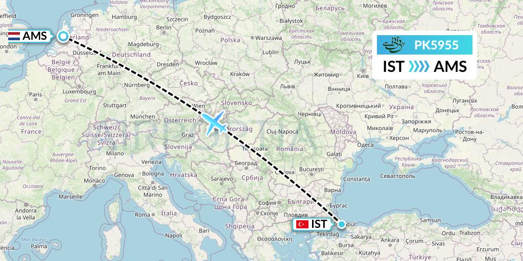 PK5955 Pakistan International Airlines Flight Map: Istanbul to Amsterdam
