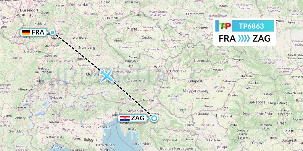 TP6863 TAP Portugal Flight Map: Frankfurt to Zagreb