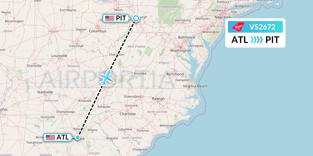 VS2672 Virgin Atlantic Airways Flight Map: Atlanta to Pittsburgh