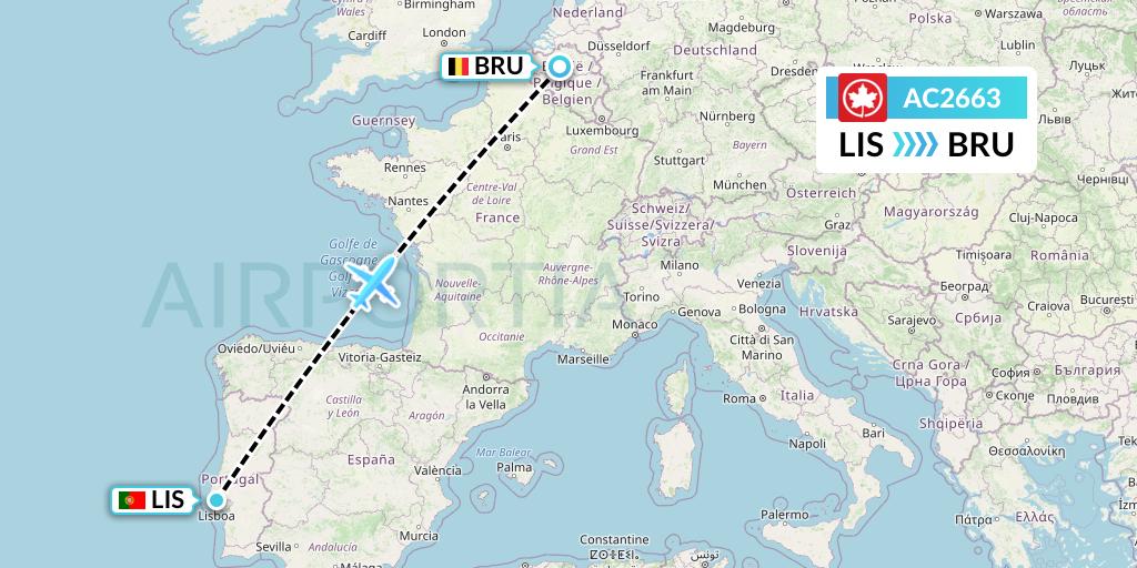AC2663 Air Canada Flight Map: Lisbon to Brussels