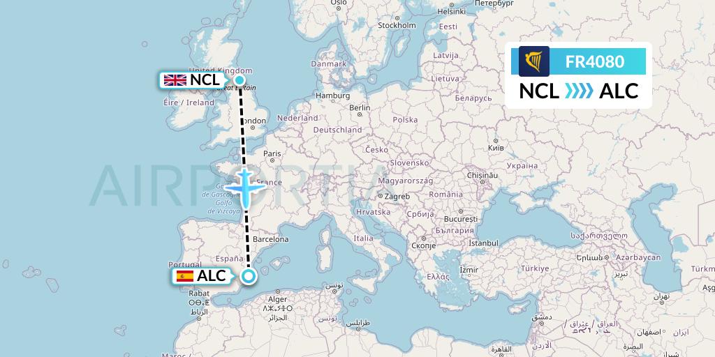 FR4080 Ryanair Flight Map: Newcastle to Alicante