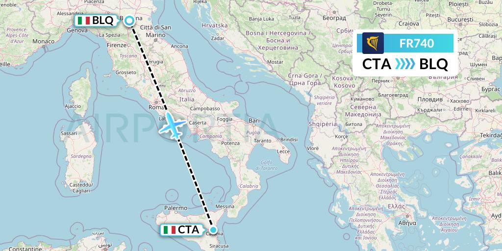 FR740 Ryanair Flight Map: Catania to Bologna