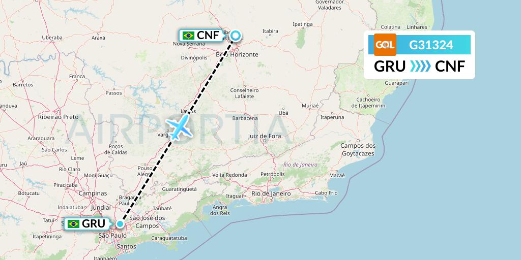 G31324 GOL Transportes Aeros Flight Map: Sao Paulo to Belo Horizonte