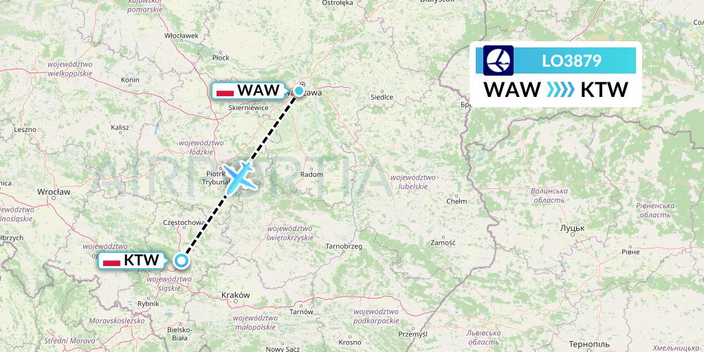 LO3879 LOT Flight Map: Warsaw to Katowice