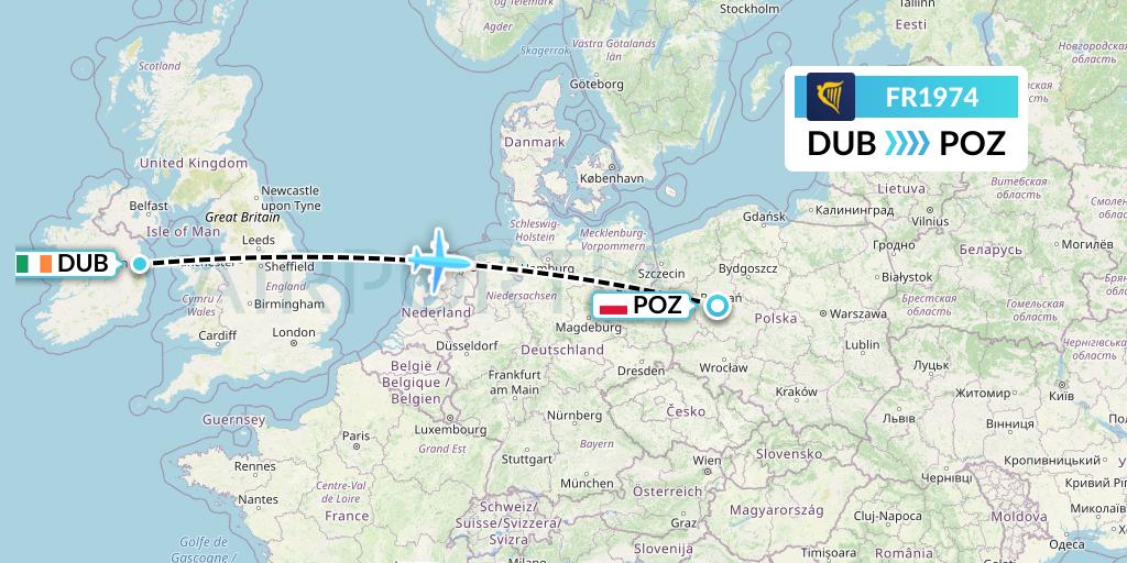 FR1974 Ryanair Flight Map: Dublin to Poznan