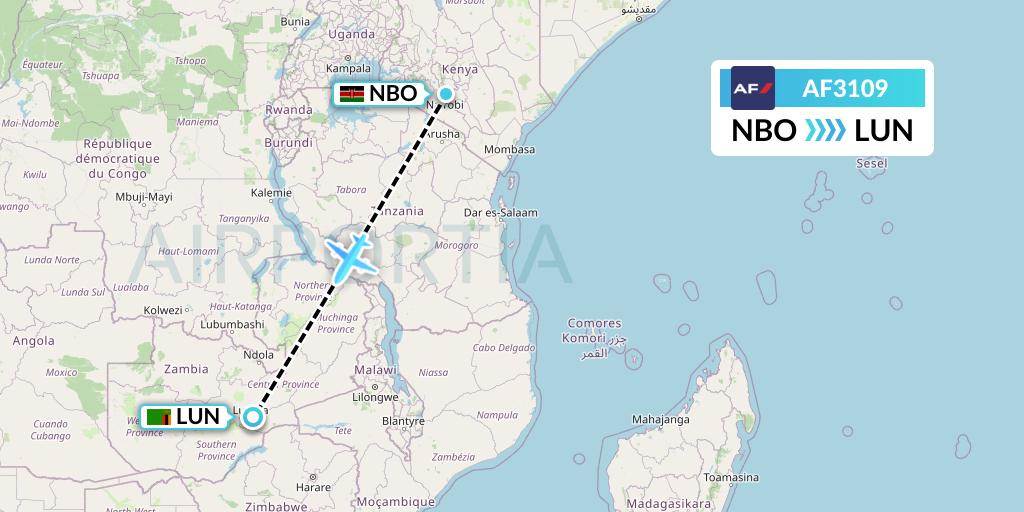 AF3109 Air France Flight Map: Nairobi to Lusaka