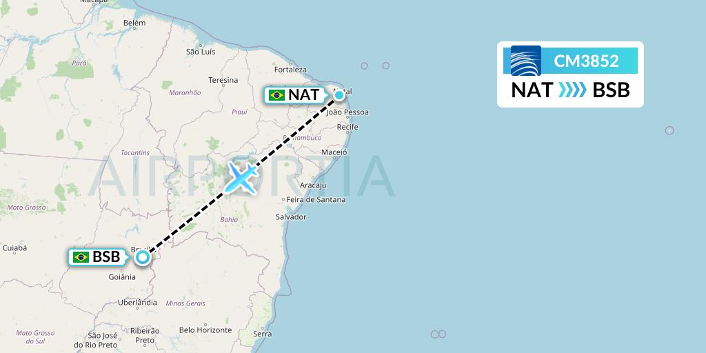 CM3852 Copa Airlines Flight Map: Natal to Brasilia