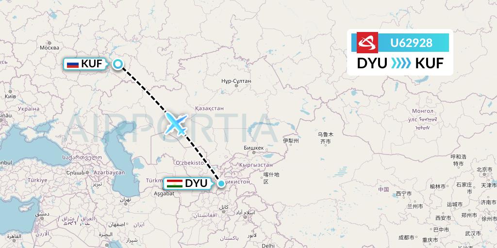 U62928 Ural Airlines Flight Map: Dushanbe to Samara