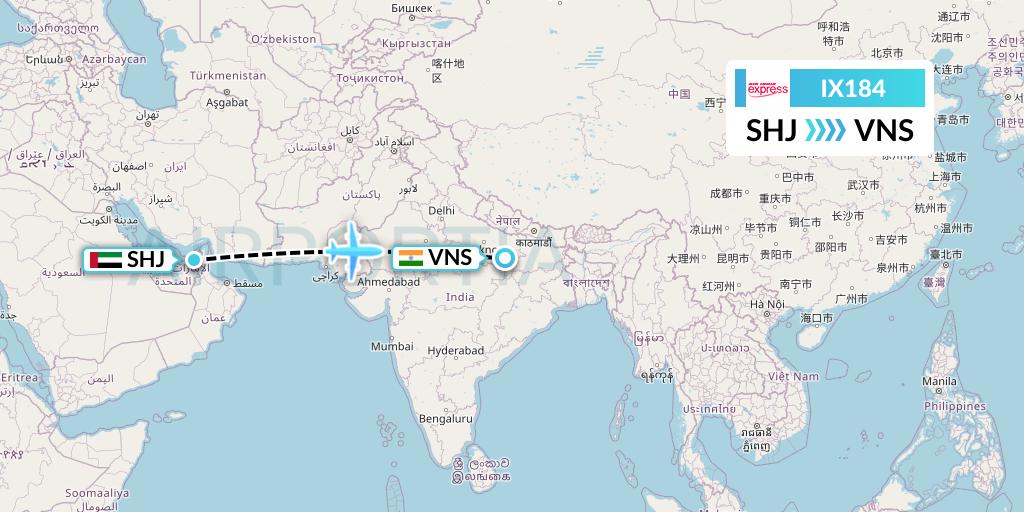 IX184 Air India Express Flight Map: Sharjah to Varanasi