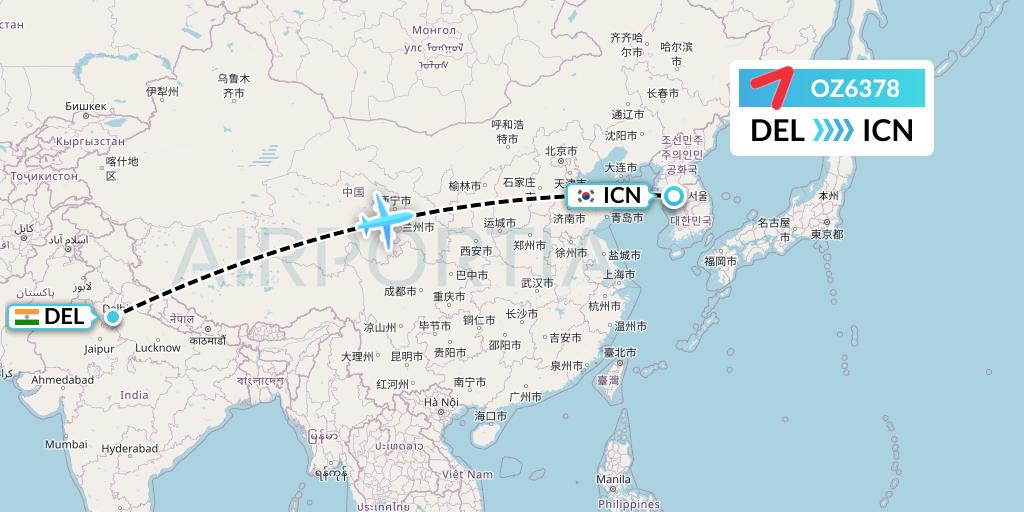 OZ6378 Asiana Airlines Flight Map: Delhi to Seoul