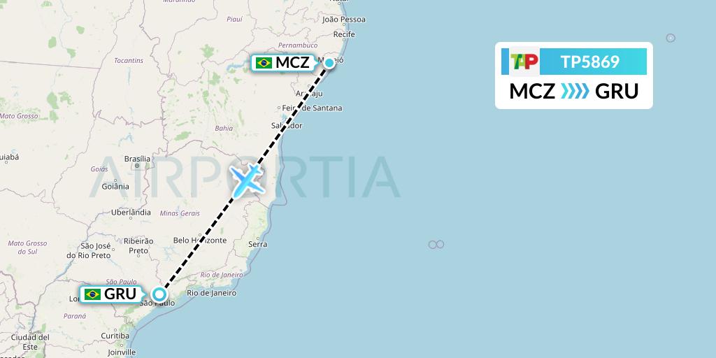 TP5869 TAP Portugal Flight Map: Maceio to Sao Paulo