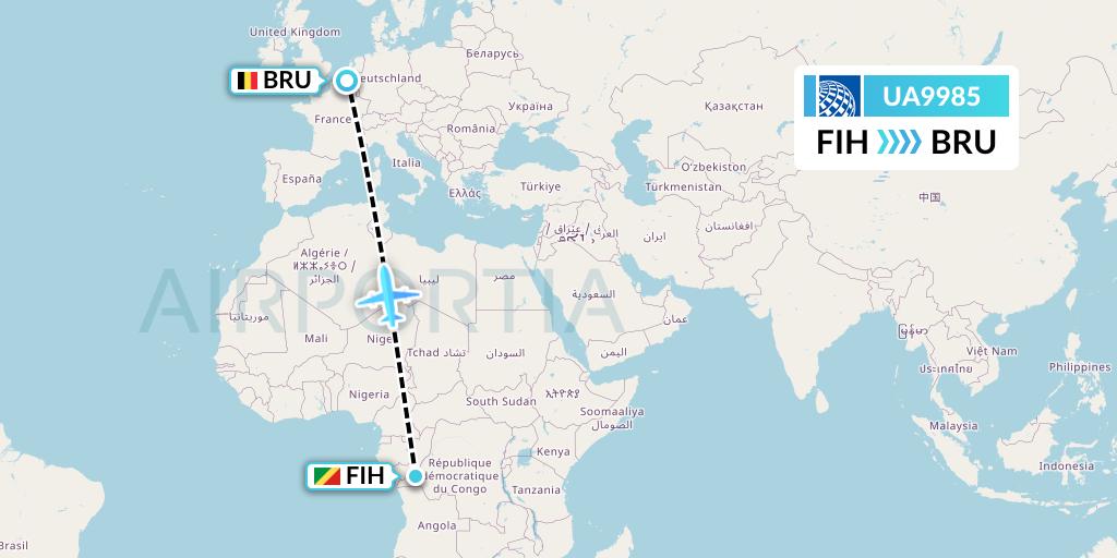UA9985 United Airlines Flight Map: Kinshasa to Brussels