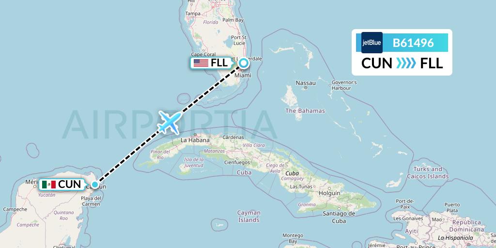 B61496 JetBlue Airways Flight Map: Cancun to Fort Lauderdale