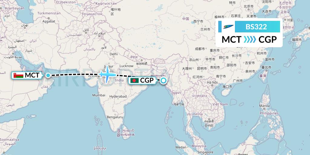 BS322 US-Bangla Airlines Flight Map: Muscat to Chittagong