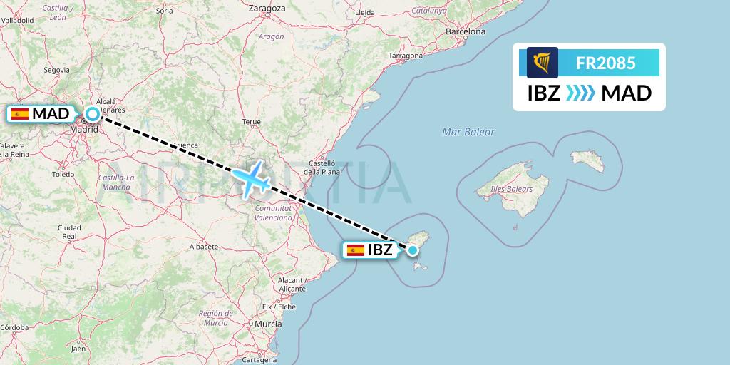 FR2085 Ryanair Flight Map: Ibiza to Madrid