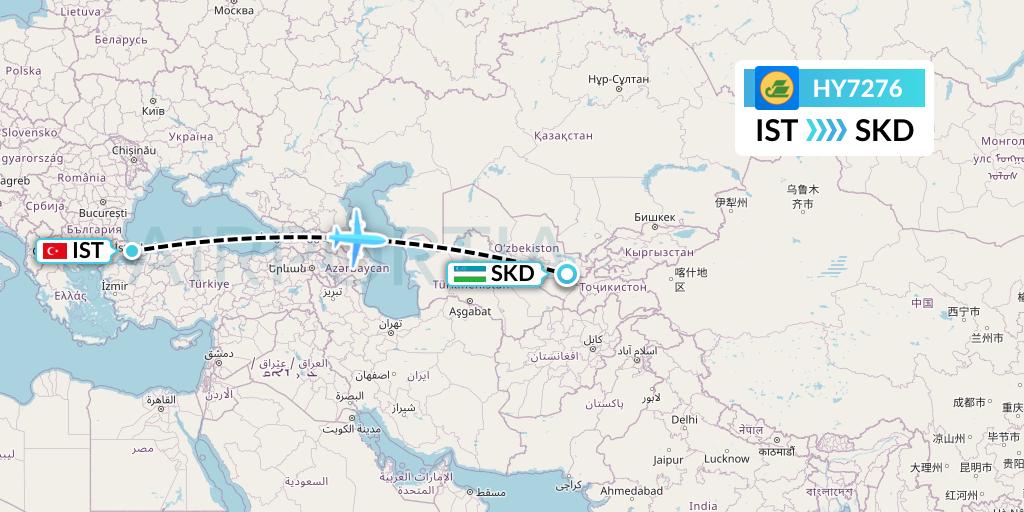 HY7276 Uzbekistan Airways Flight Map: Istanbul to Samarkand