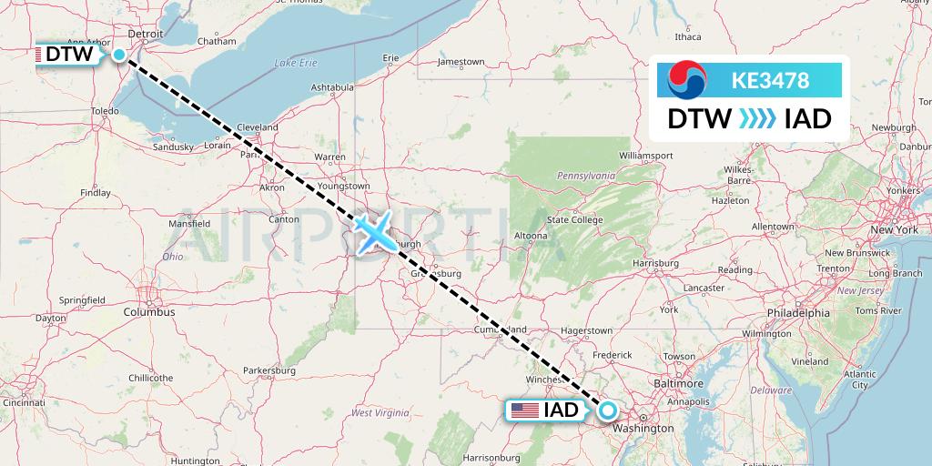 KE3478 Korean Air Flight Map: Detroit to Washington
