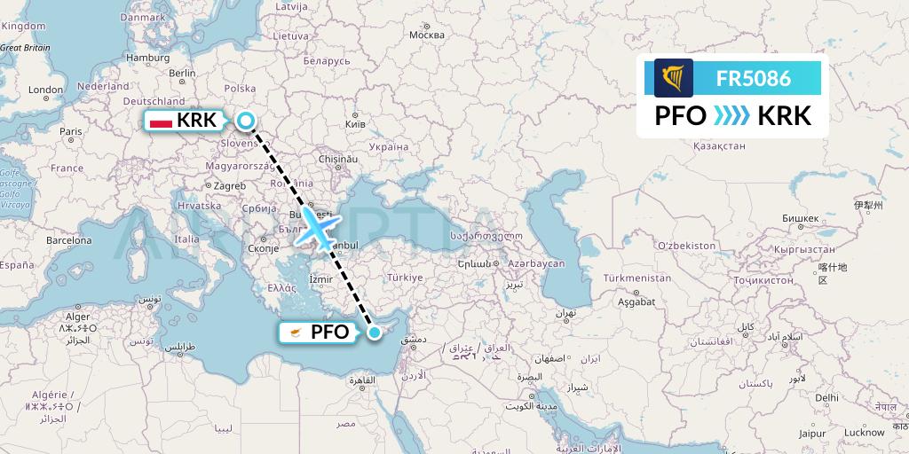 FR5086 Ryanair Flight Map: Pafos to Krakow