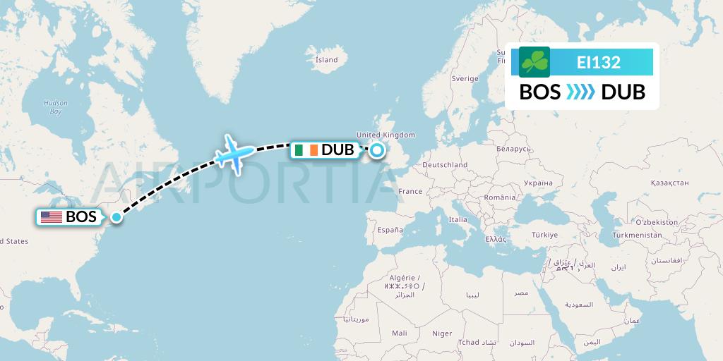 EI132 Aer Lingus Flight Map: Boston to Dublin
