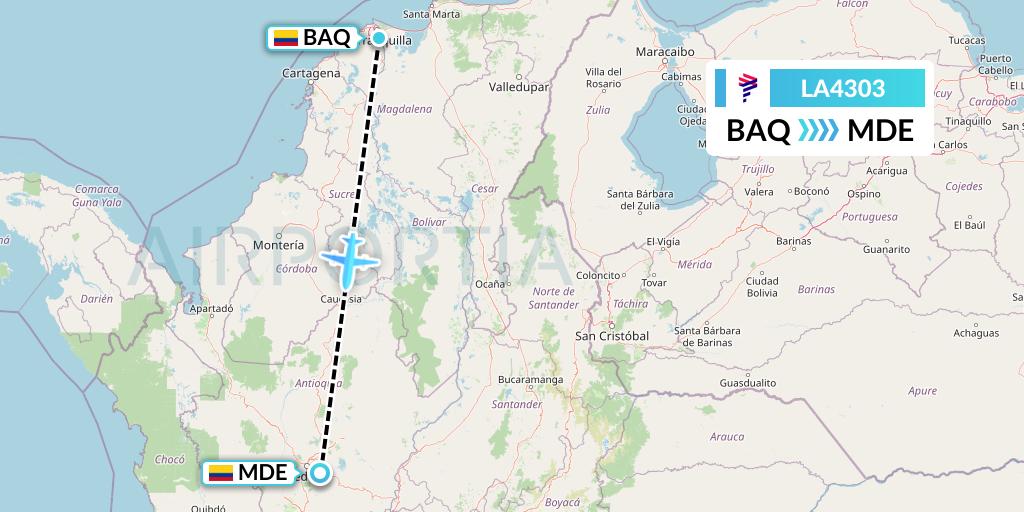 LA4303 LAN Airlines Flight Map: Barranquilla to Medellin