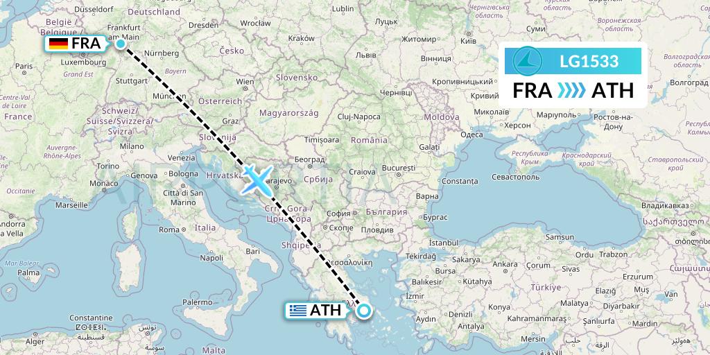 LG1533 Luxair Flight Map: Frankfurt to Athens