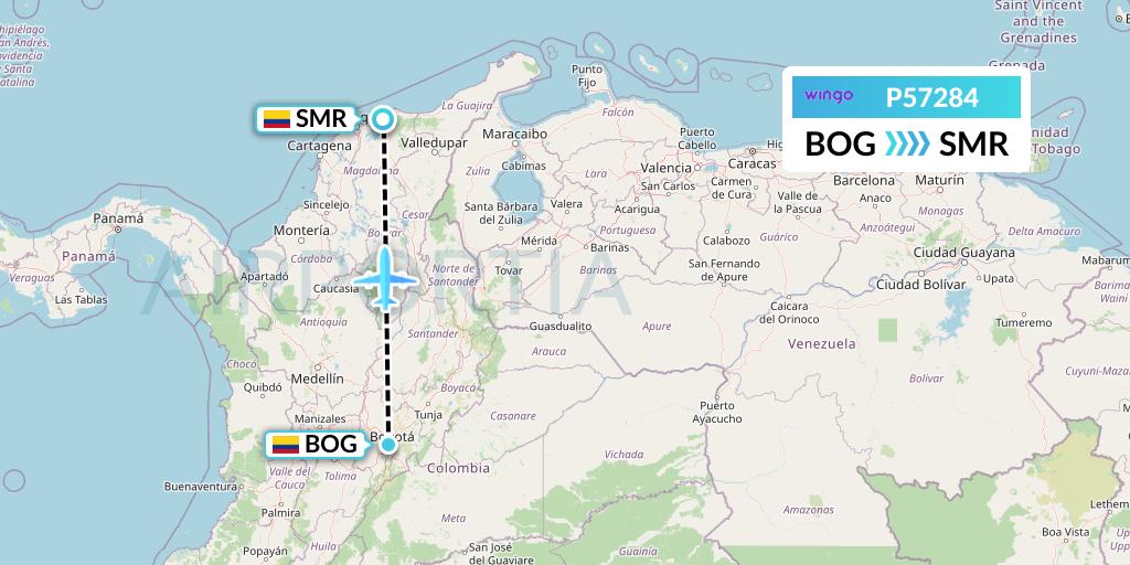 P57284 Copa Airlines Colombia Flight Map: Bogota to Santa Marta