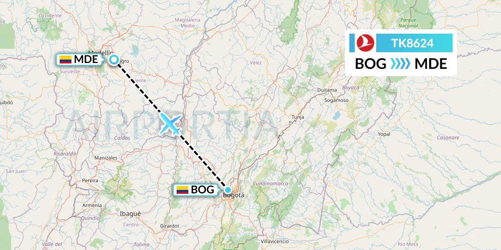 TK8624 Turkish Airlines Flight Map: Bogota to Medellin