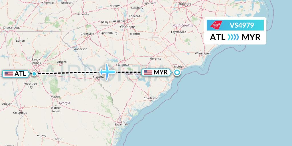 VS4979 Virgin Atlantic Airways Flight Map: Atlanta to Myrtle Beach