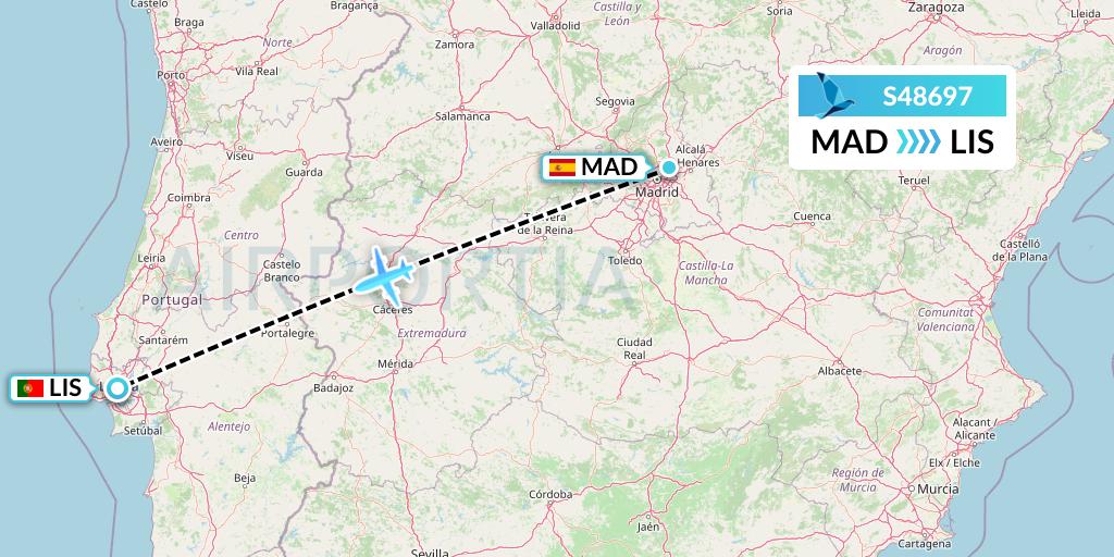 S48697 Azores Airlines Flight Map: Madrid to Lisbon