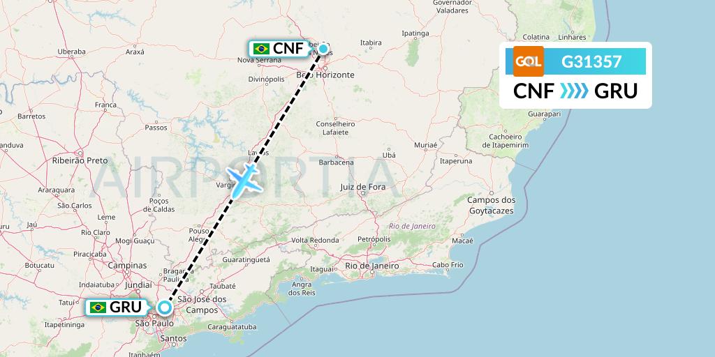 G31357 GOL Transportes Aeros Flight Map: Belo Horizonte to Sao Paulo